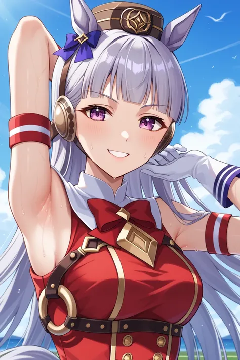 score_9, score_7_up, source_anime, detailed background, (upper body, medium shot:1.4), solo, 1girl,  gold ship umamusume, purple eyes, grey hair, horse ears, blunt bangs, long hair, pillbox hat, horse tail, red bow, armband, red dress, sleeveless dress, do...