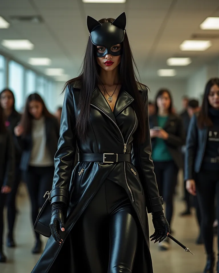 latina woman dark long straight hair cat masked leather trench coat she close belt or button leather black leather pants leather gloves with claws wearing leather high heels boots wearing  leather catsuit  full make up red lips Blushing smirk wearing a sho...