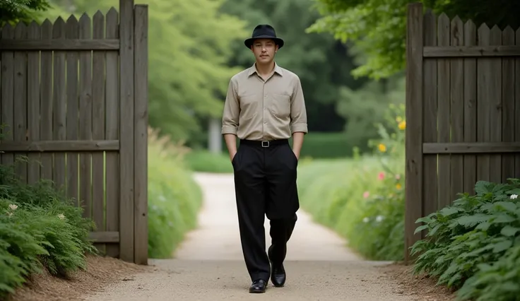 The same grey tabby cat, dressed in his black hat, khaki shirt, black pants, and closed black shoes, arrives by car at the entrance of his garden. He drives through a large wooden gate and slowly moves along a dirt path leading to the farm.