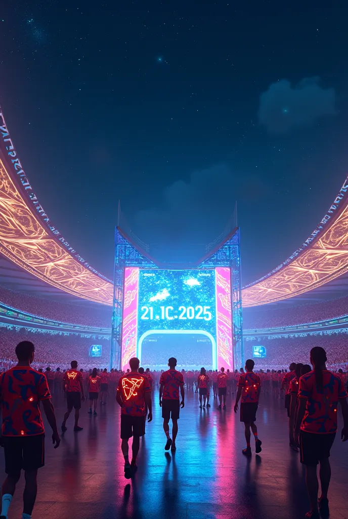 A neon-lit Moroccan stadium at night, with abstract geometric patterns in electric blue and gold. Fans in glowing team jerseys walk toward holographic gates displaying "21.12.2025".