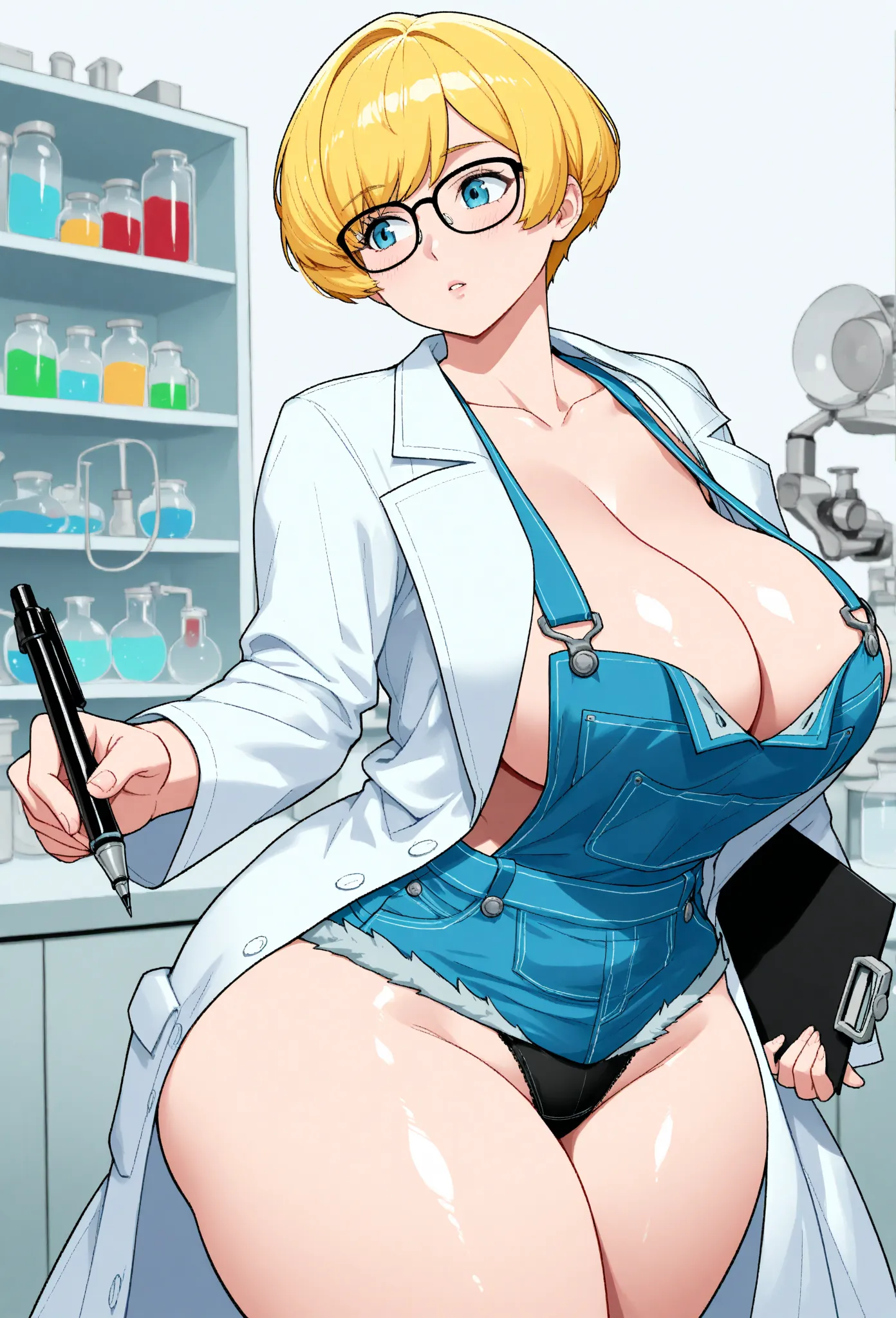 A busty woman, a scientist, in a white lab coat, with prominent cleavage and glasses. She is in a sterile laboratory setting, a busty woman, a scientist, in a white lab coat, with prominent cleavage and glasses. Huge breasts, wide hips, plump ass, plum bre...