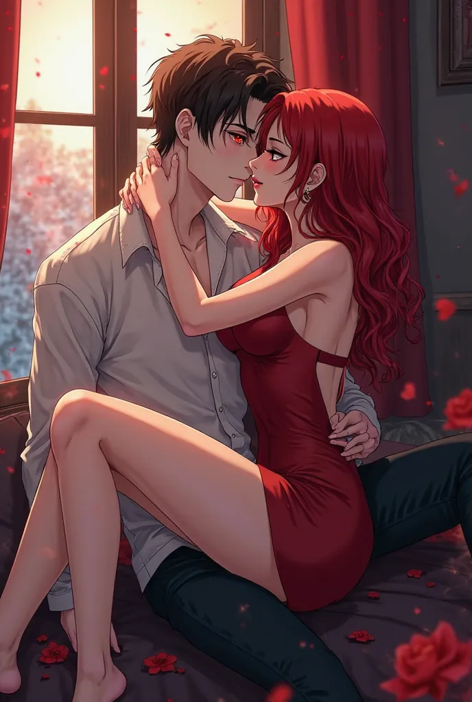 Make an anime of a brown-haired vampire man,  white skin, red eyes, His body is thin and thin... He has a neutral but passionate expression... he is with his girlfriend, She has an hourglass body, she has wavy and long blood-red hair that crosses the waist...