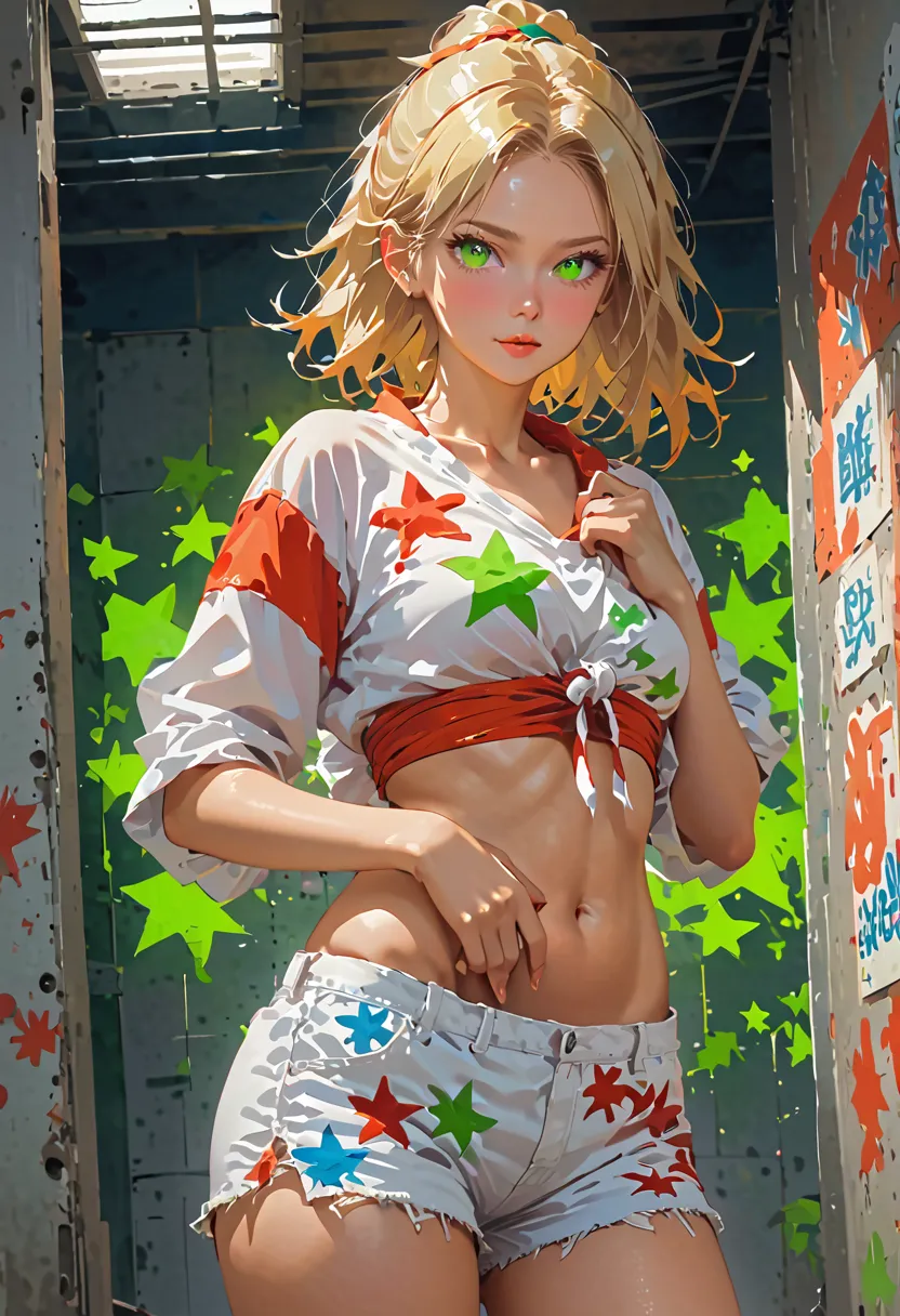 looking at the camera Nordic blonde girl -Neji from Naruto sexy Meiga in shorts hands back sexy torn screen blouse tied around the white waist with stripes of red and neon green stars, In a prison cell in oil paint mixed with Anine 2.5D.