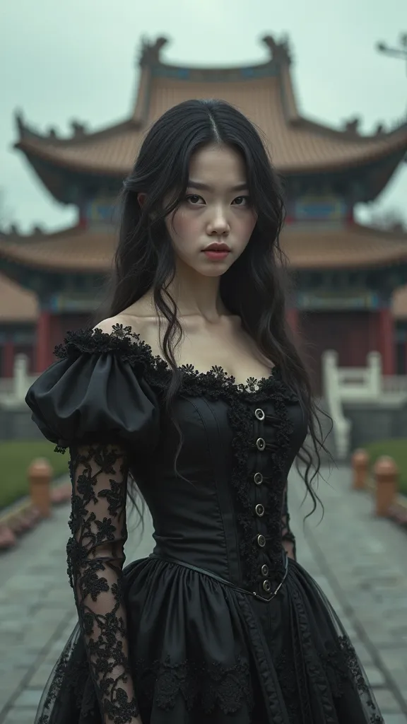 A girl in a black Victorian dress with a Chinese temple in the background 