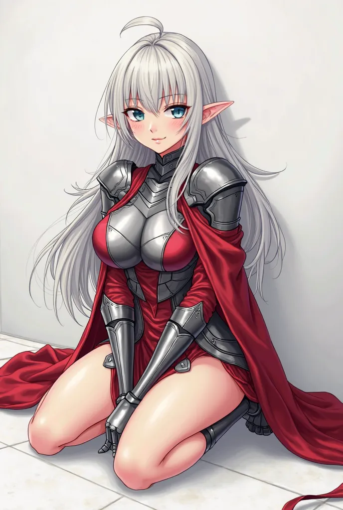 a cartoon picture of a woman in latex sitting on the ground, an anime drawing inspired by Li Chevalier, trending on pixiv, shin hanga, tifa lockhart with white hair, wearing shiny breastplate, v from devil may cry as an elf, grayscale phtoto with red dress...