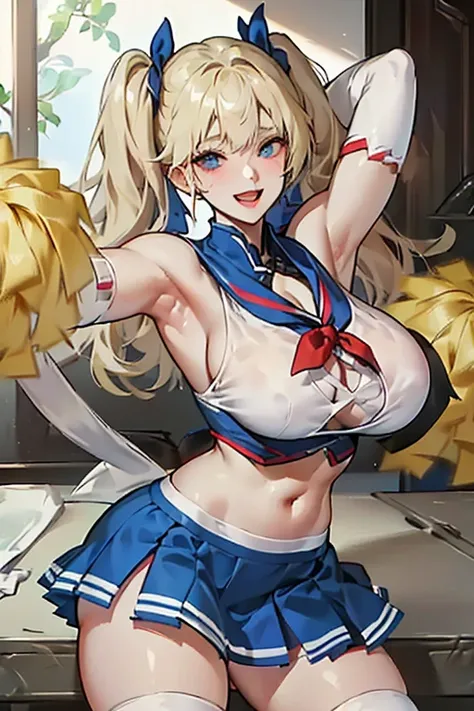 blonde、blue eyes、girl、Huge breasts、（Huge breasts1.６)、Twin tails、、girl、Large Breasts、****ta、Bright smile、Looks about ************、Busty girl、short、目のhighlight、Sexy thighs、Cheerleader、Please show me your armpits、Your eyes are so beautiful、highlight