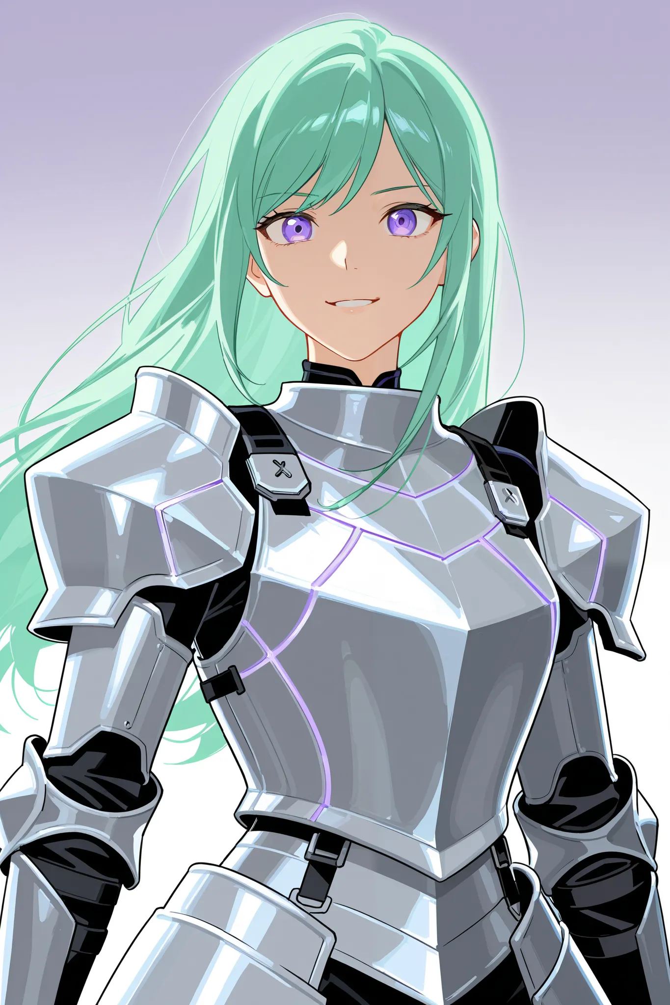 masterpiece, best quality, amazing quality, very aesthetic, 1woman, long hair, green hair, purple eyes, armored, highres