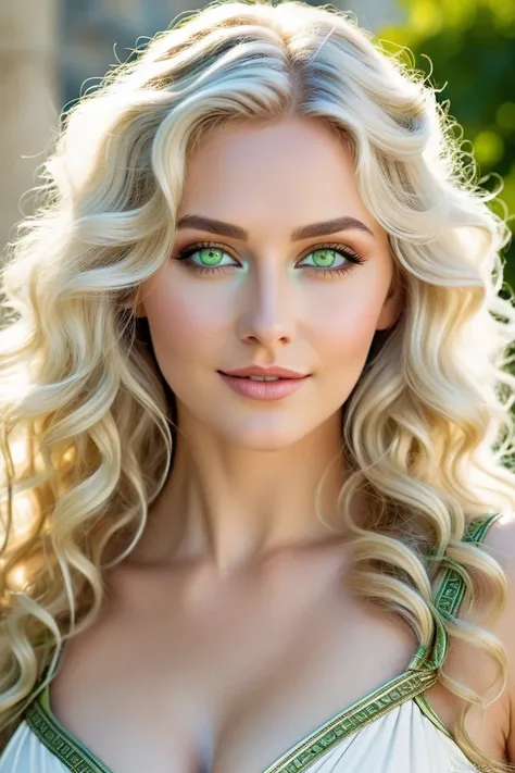 Create an extremely beautiful woman, who even looks like a goddess because of her beauty,  with long wavy hair , light platinum blonde, and light green eyes , white skin that is set in ancient Greece and that you can see your cleavage, And let him come out...