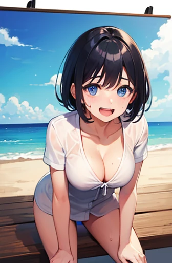 (masterpiece, best quality、super detailed skin:1.1)、1 girl、cute、Blue Eyes、 black hair、(short hair)、 nudes、(cleavage)、(open front white blouse:1.2)、(leaning forward:1.2)、(macro shot)、(from front)、 sandy beach、Painting、(laugh1.1)、(perspired:1.1)、(sweat:1.1)