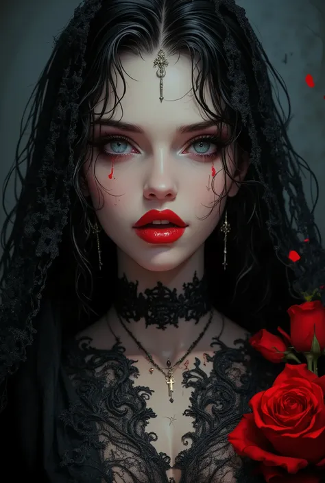 Gothic art depicting a hauntingly beautiful woman with porcelain white skin, obsidian eyes, and midnight black hair adorned with an intricate black lace veil, necklace with a silver cross hanging, positioned before a background fading from charcoal gray to...