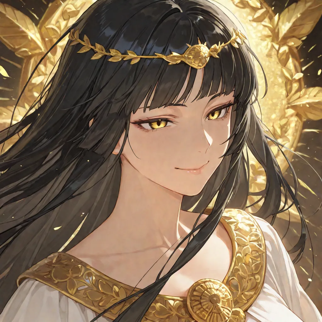 1 woman, goddess, long black hair with hime cut bangs flying in the wind, white dress with ancient Greek neckline, tiara of gold leaves, gold eyes, mature female, mature body and face, sharp looks, sharp face, smiling with the mouth closed 