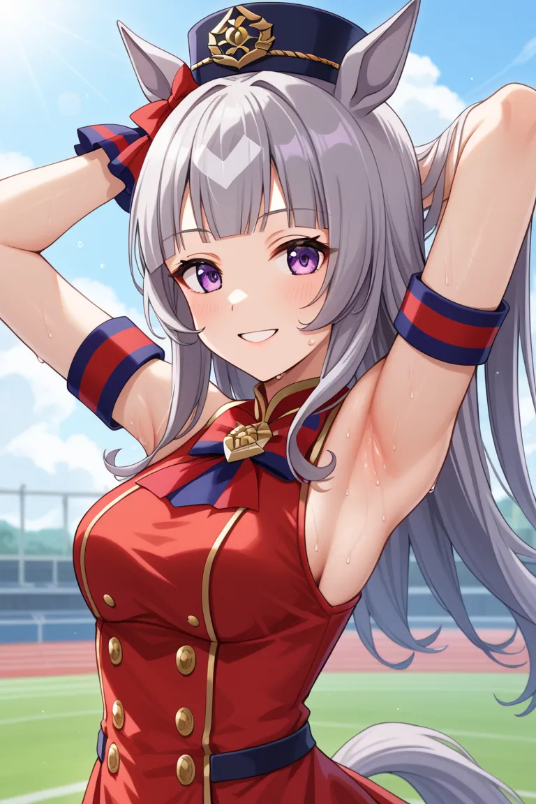 score_9, score_7_up, source_anime, detailed background, (upper body, medium shot:1.4), solo, 1girl,  gold ship umamusume, purple eyes, grey hair, horse ears, blunt bangs, long hair, pillbox hat, horse tail, red bow, armband, red dress, sleeveless dress, do...