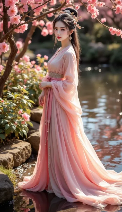 An ancient Chinese beauty, charming temperament, flowing long skirt, clear face, beautiful eyes, standing in front of a pond with spring flowers in the background, perfect body structure proportional masterpiece, super detailed, epic composition, mysteriou...