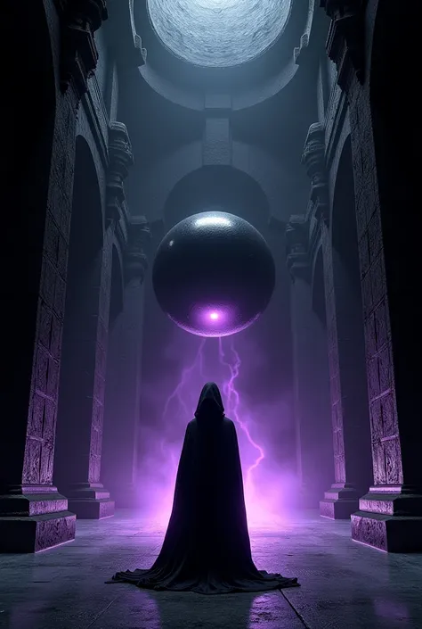 Small black light sphere, obsidian temple interior space, realistic style, grotesque style, hooded girl, purple electric effects