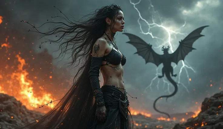 Digital artwork of a Celtic sorceress, half naked, barely dressed in black and torn veils with runes tattooed on her skin, her eyes and lips painted black and her face painted white, and her hands dirty with tar and with fire in one hand and electric rays ...