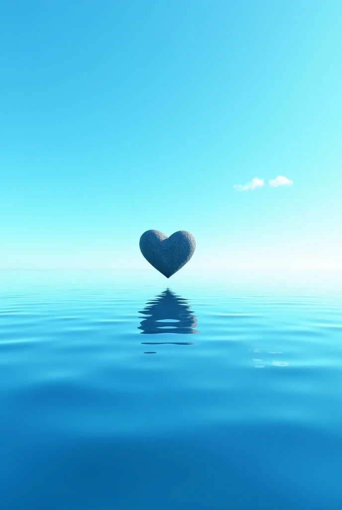 Create an Image Of A Blue Sea In The Middle A Heart-Shaped Rock Is In The Sky A Full Line Reflecting Light Into The Sea 