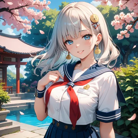  In an enchanting Japanese garden、big breasts、Katara in a sailor suit,Body Display , lure, blue sailor suit, less-revealing sailor costume,  seductive eyes,,(Ping-colored hair)