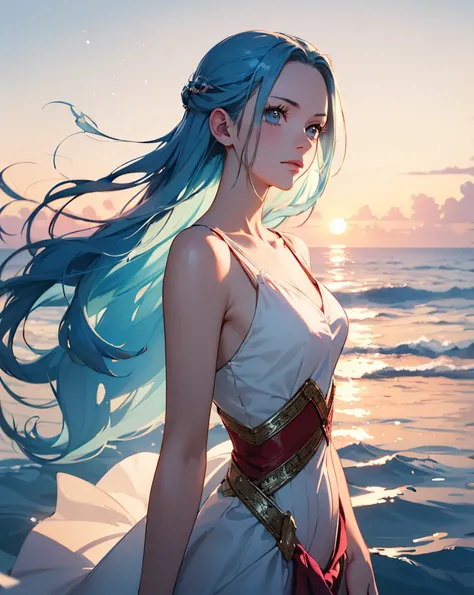 Vivi (One Piece), girl with long flowing blue hair stands on the shore at sunset. She wears a shimmering, iridescent dress that reflects pastel hues of pink, purple, and blue, flowing gently in the ocean breeze. Her delicate features, soft blue eyes, and s...