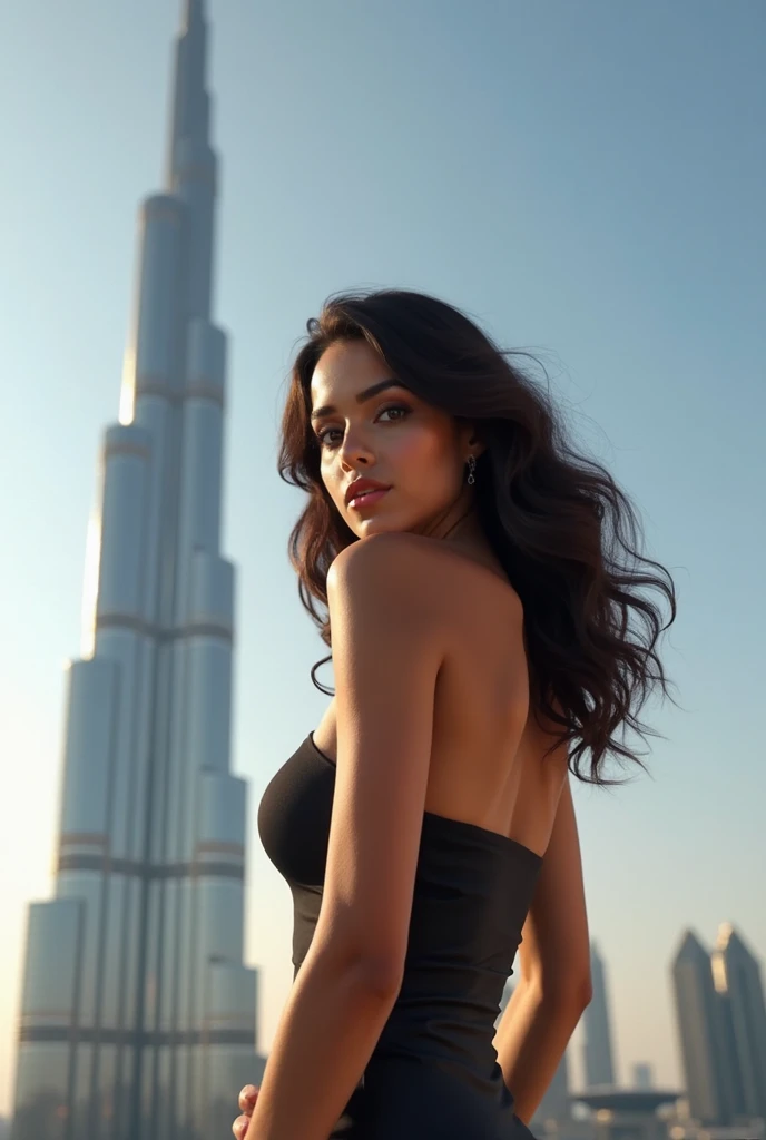 Woman, 25, with a slightly tanned complexion, long curly hair of dark brown color, long and curly hair, big chest and big buttocks poses in front of the Bourge Khalifa in Dubai. 