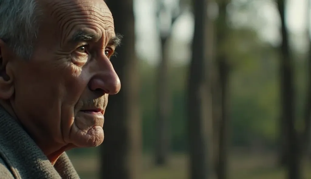 A medium close-up shot of an elderly man, Rashad, as he tries to recall a familiar place. His deeply lined face occupies the left half of the frame, with unfocused trees in the background. The camera pushes in slowly, capturing the subtle shift in his expr...