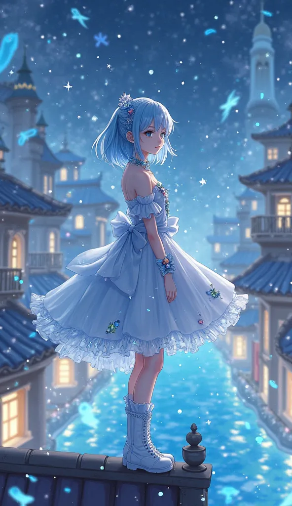 masterpiece, Highest quality, Hi-Res, very detailed,(((Pretty Girl with Light Blue Hair))), (((Japanese anime))), (((short hair))), (((Blue Hair Accessory Imitating Water Drops))), (((Flowing Line Outfit with the Image of Water Splashes))), (((flared skirt...