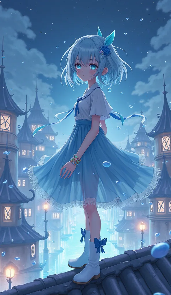 masterpiece, Highest quality, Hi-Res, very detailed,(((Pretty Girl with Light Blue Hair))), (((Japanese anime))), (((short hair))), (((Blue Hair Accessory Imitating Water Drops))), (((Flowing Line Outfit with the Image of Water Splashes))), (((flared skirt...