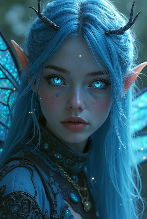  Elven woman, dark black skin, glowing blue eyes, Light blue hair, small black antennae on her head, large iridescent dragonfly wings on her back, loose rebel clothing