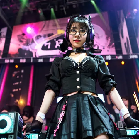 japanese woman,  dj, with headphone, in the club,  kawaii, ((very short cut:1.2)), crowds around, cyber punk, gothic lolita, glasses, ((DJ, dancing, on the stage:1.3))