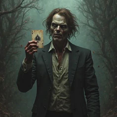 Zombie man with brown hair in a suit with a small card of spades 