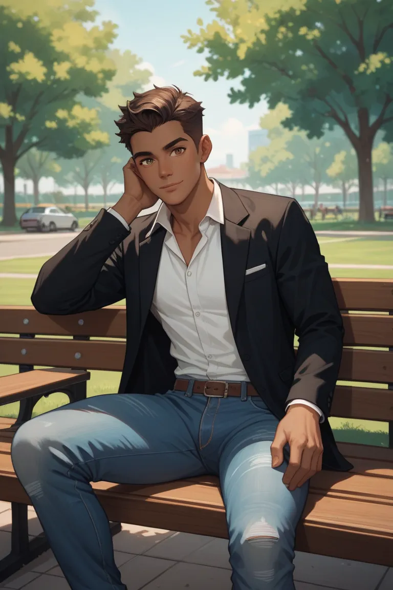 handsome man, college boy, sitting in a park, front view but not looking at the camera, white skin, casual yet trendy clothes, black jacket, polo shirt, relaxed-fit jeans, dark brown hair, dark hazel eyes