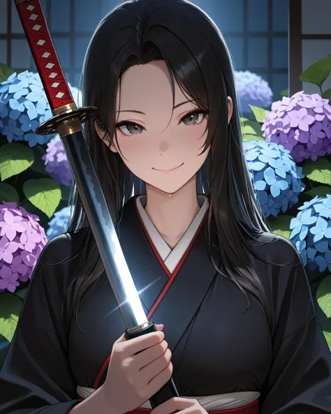 masterpiece, best quality, masterpiece, best quality, (detailed face), Katana, close-up, mischievous smile, frizzy stomach、( detailed lighting), Rim Lighting, sharp concentration、 black kimono、Hydrangea、long hair,detailed background