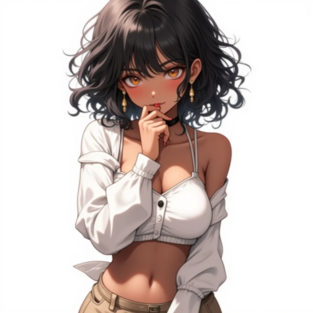  A woman, with black hair, Curly with loose locks, with a serious look, with a thin blouse,  with thin straps ,  White , showing the belly sample, light brown pants, showing the straps of her panties@, the woman has brown eyes, and black skin, big boobs, i...