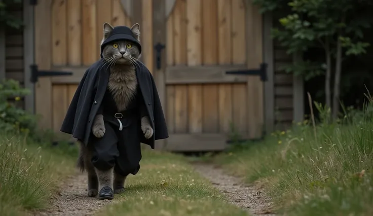 Le même chat gris tigré, habillé de son chapeau noir, de sa chemise kaki, de son pantalon noir et de ses chaussures noires fermées, arrive en voiture à l’entrée de son jardin. Il passe à travers une grande porte en bois et avance lentement sur un chemin de...