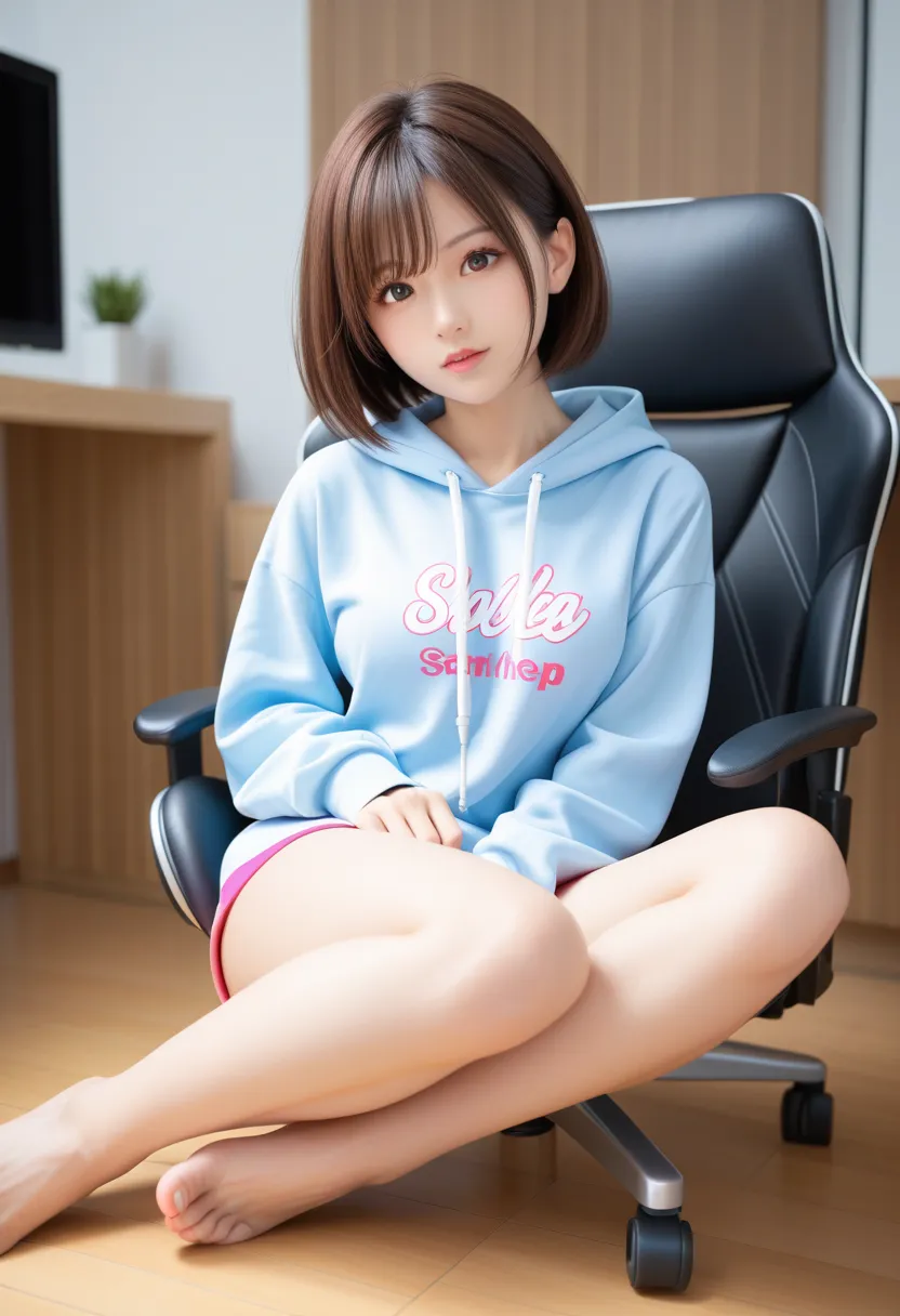  streamer sitting in a pink gaming chair with her legs open 、full bodyポートレート、  at random angles 、(( Beautiful girl opens her hoodie with both hands and、It shows me beautiful breasts))、slender, The small-breasted model ,   short hair, very   short hair, 超Hi...