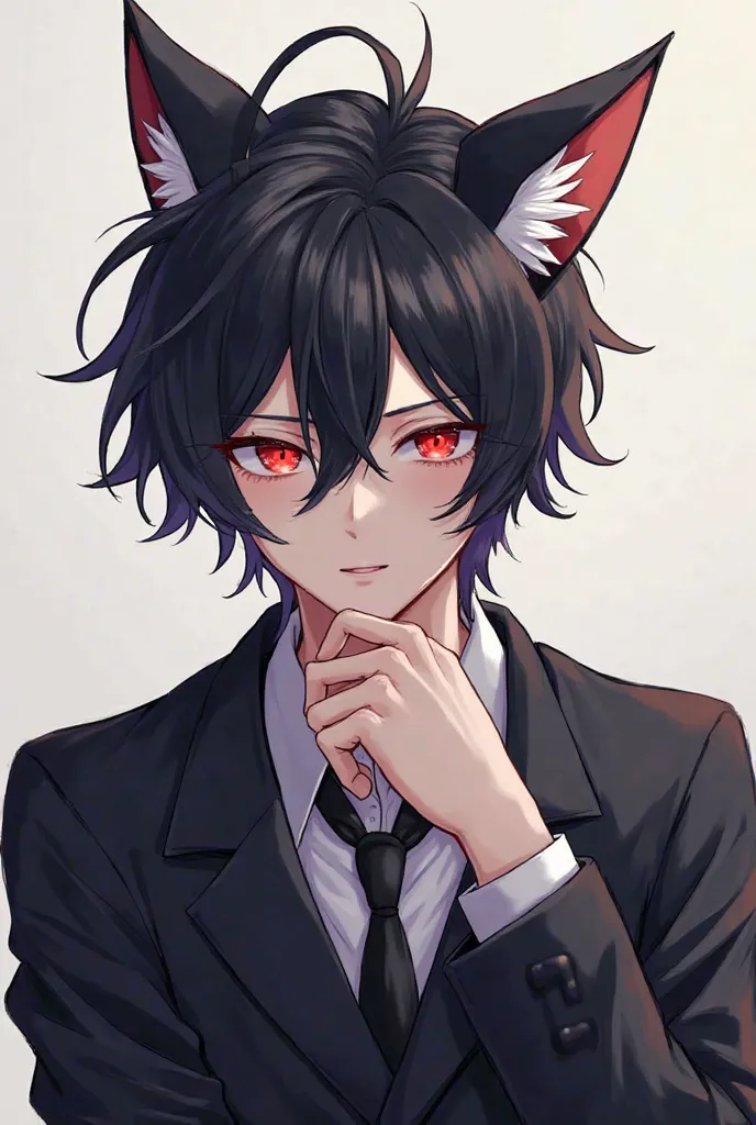 Uma personagem com terno orelha de gato olho vermelho pensando 🤔 masculino de anime