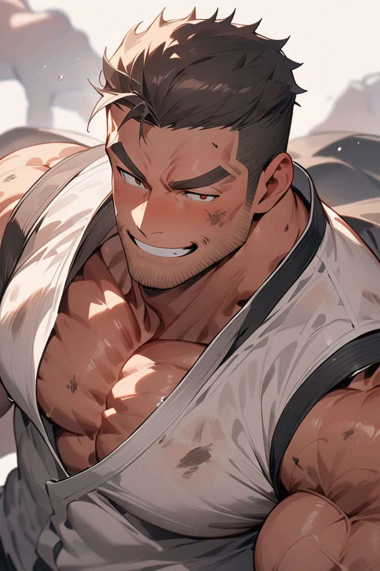 anime character : male ,  sunburned skin , maleらしさ,  male性重視,  Muscle Development  male,  Muscle Development , maleが一人 , dandy , Alone ,  black short hair, Halterbra , Thick eyebrows , Stubble,  brown eyes ,  simple background ,  amazing quality , masterpi...