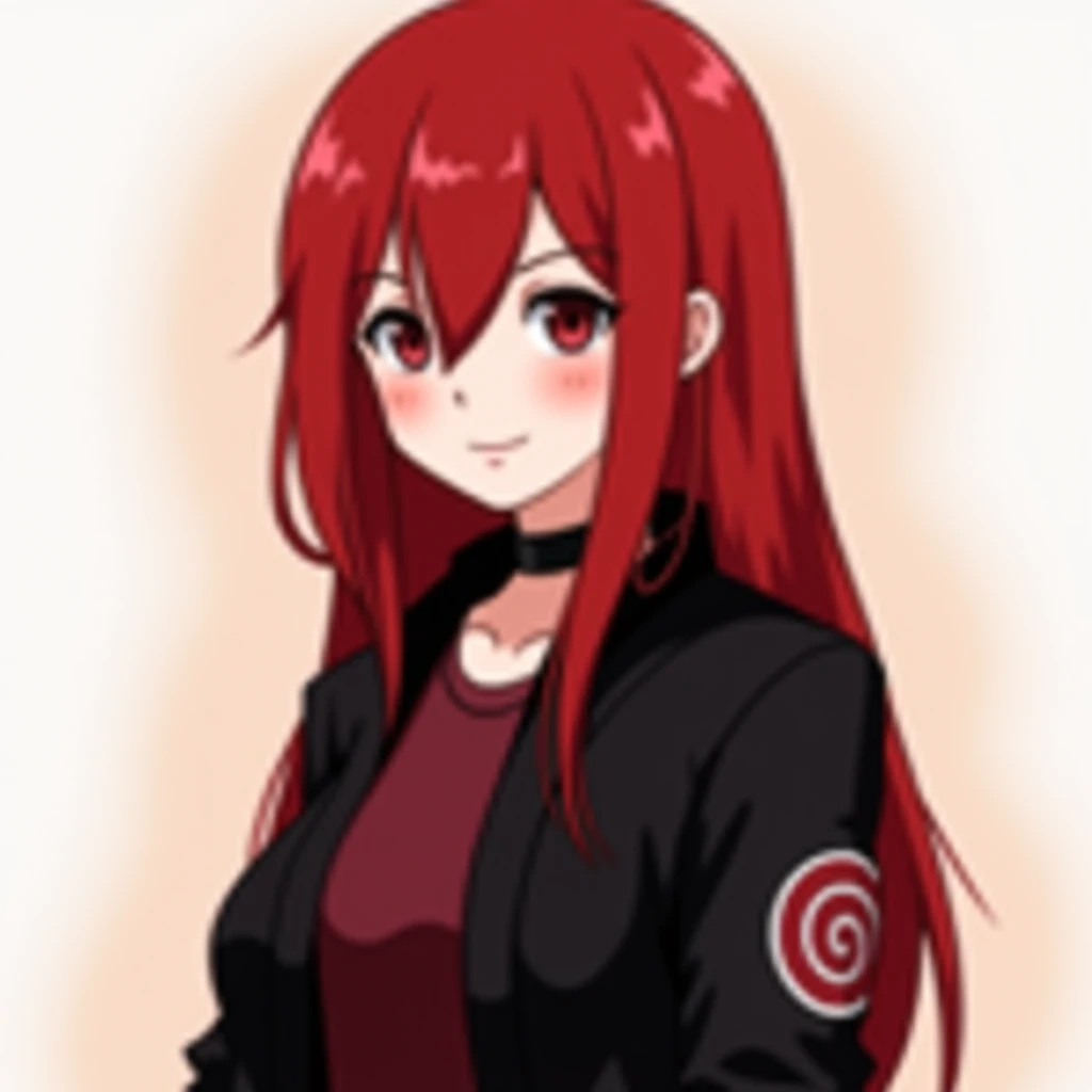 a girl with loose red hair , hair length : up to the waist,  Hair color : garnet red, bangs for the side split in the middle , dark eyes, Clothes: closed black coat , with the symbol of the small spiral on the left side of the blouse, Naruto band around th...