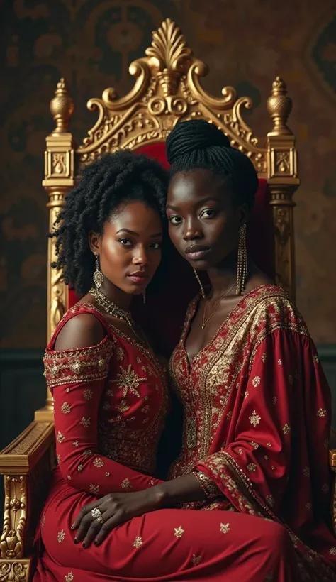 arafed image of two people black women black men  dressed in costumes sitting on a throne, , royal portrait, biopic, 4k still, masterpiece', movie promotional image, black supremacy, 16384k film, by Róbert Berény, movie still 8 k, historically accurate, ba...