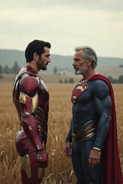 Iron Man says to old Superman while standing in the field.