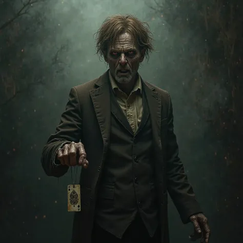 Zombie man with brown hair in a suit with a small card of spades 