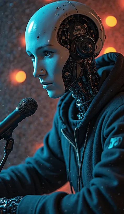 a close up of a person sitting at a computer with a microphone, with ai theme, best ai image, portrait of an ai, ai producing the realist, strong artificial intelligence, the ai, ai art, portrait of a starving ai artist, ( ( god king of ai art ) ), ai self...