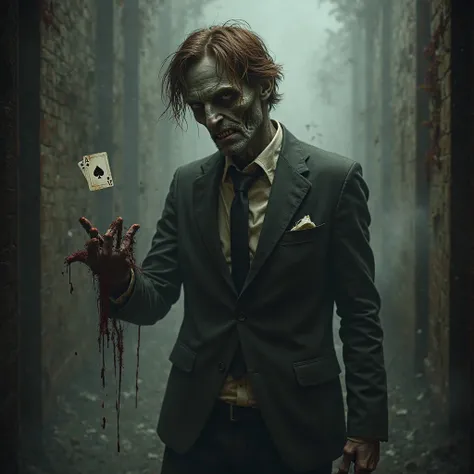 Zombie man with brown hair in a suit with a small card of spades 