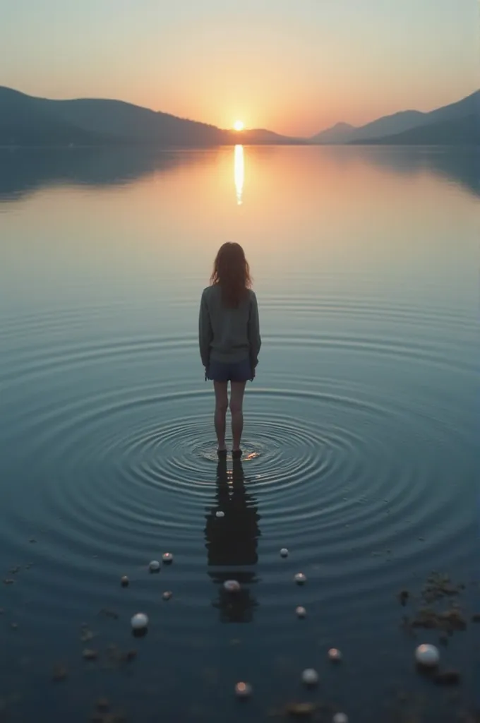 The photo features a serene scene with a solitary figure standing by a calm, reflective lake. The figure, with their back to the camera, gazes out over the water, which mirrors the soft hues of a setting sun. Gentle ripples on the lake’s surface catch the ...