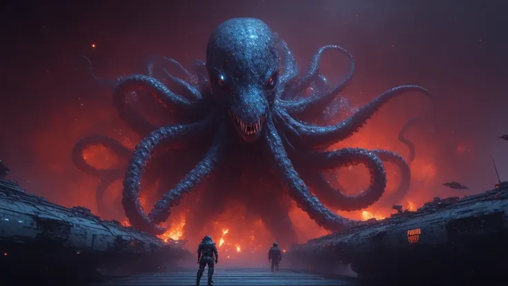 Low-angle shot, huge octopus monster (800 ft, slimy, blue glow, thick coiled tentacles) slams tentacles into ten gray spaceships (150 ft long) in red mist, hulls breaking. Female commander (5’8”, gray hair, gray uniform with insignia) commands cannons on b...