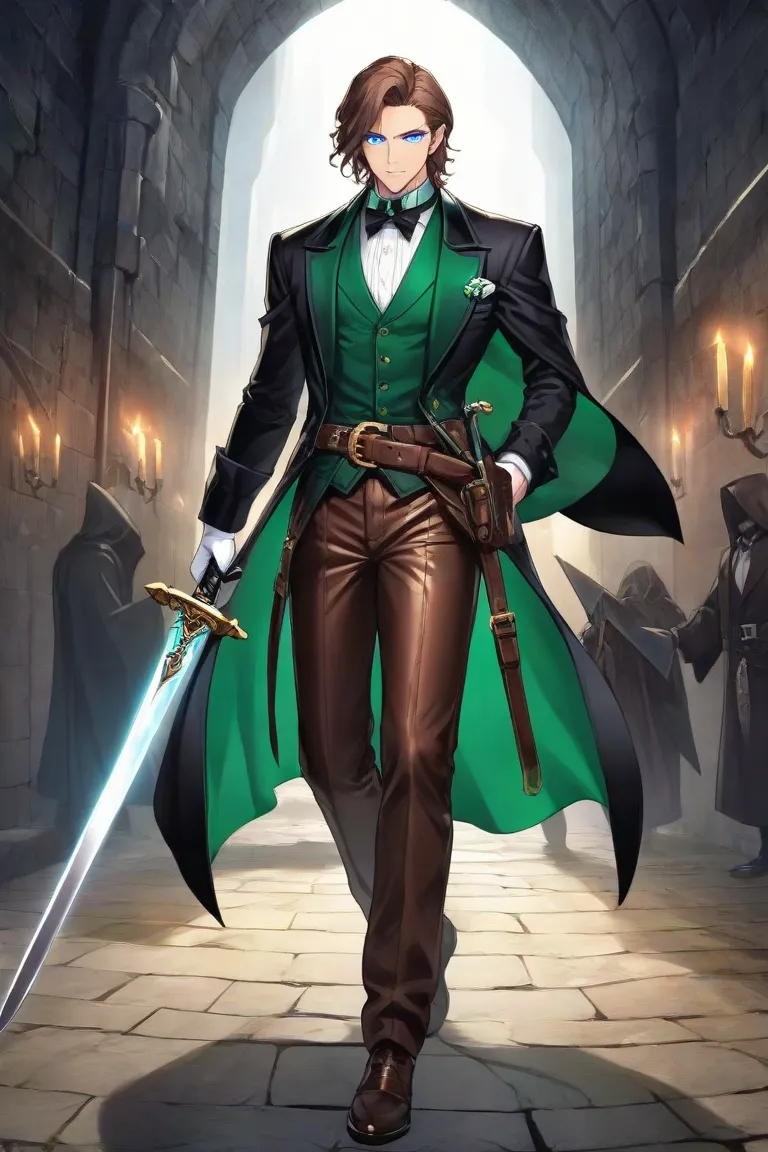 I want a male ager whose skin is brown you wear your hair is white he has bright blue eyes he is wearing a green shirt made of leather brown leather pants on a belt with a buckle he has a scabbard and sword on his back he is coming out of a huge dungeon an...