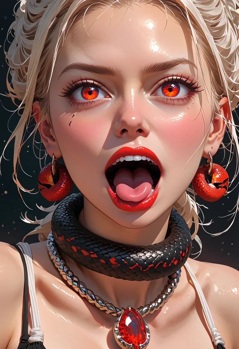 in photorealism Afrogirl-Elza Frozen wound with a thin thick snake wrapped around the neck like a detailed face necklace, masterpiece, Rinegane Eyes, tongue out, mouth open tongue out, black earrings in the shape of a Protestant cros sparkling with, Perfec...