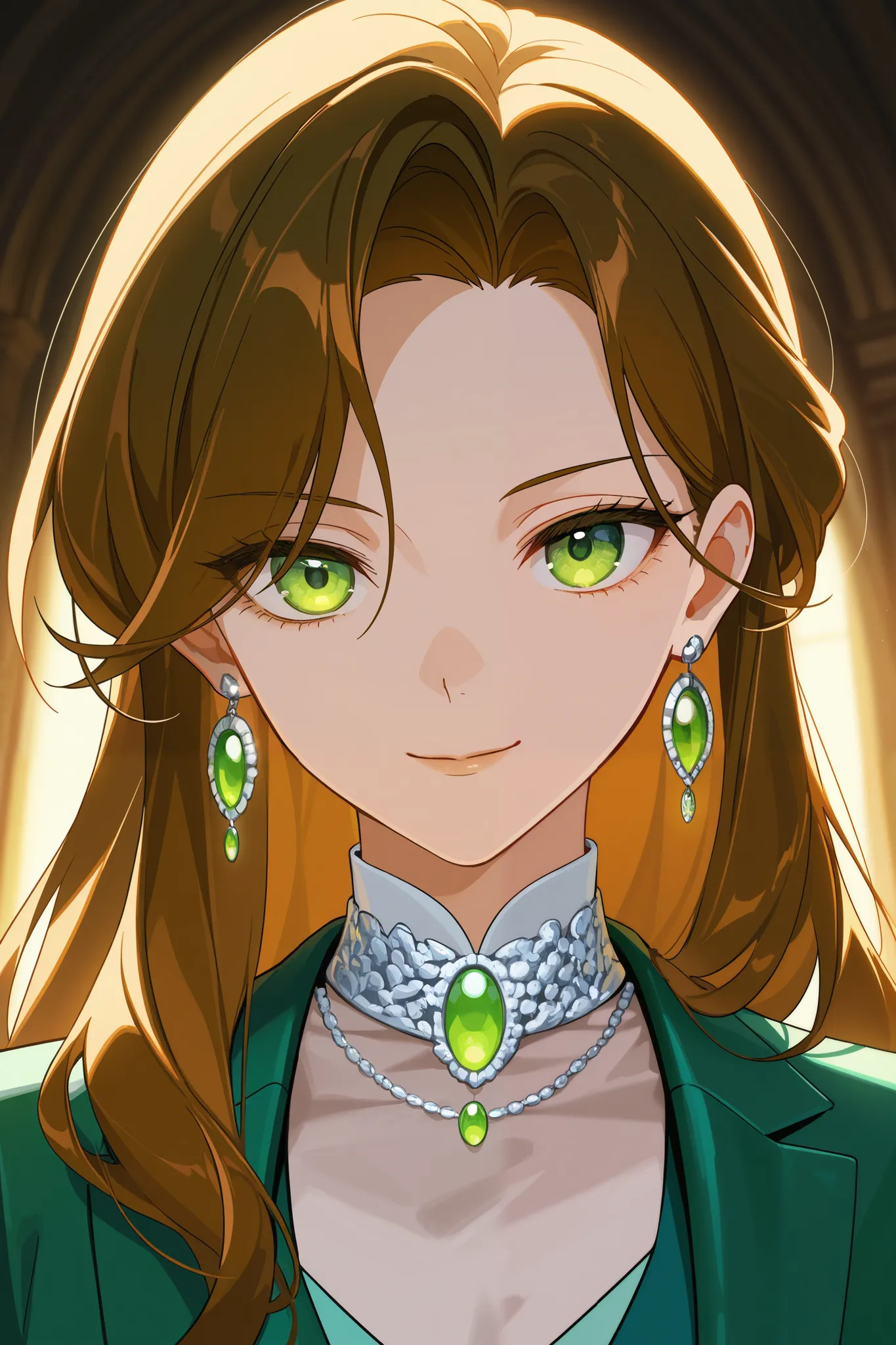 masterpiece, best quality, amazing quality, very aesthetic, newest, 1woman, adult, brown hair, long hair, green eyes, suit, tall, highres