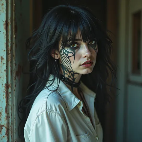 This is a wide-angle shot of a woman in a whimsical boho punk style, with nebulous eyes, a devilish smile and long hair in an emo-style haircut. In a horror setting: wearing a white shirt, she has black lines like a zebra and grey lines like paint . Ilya K...