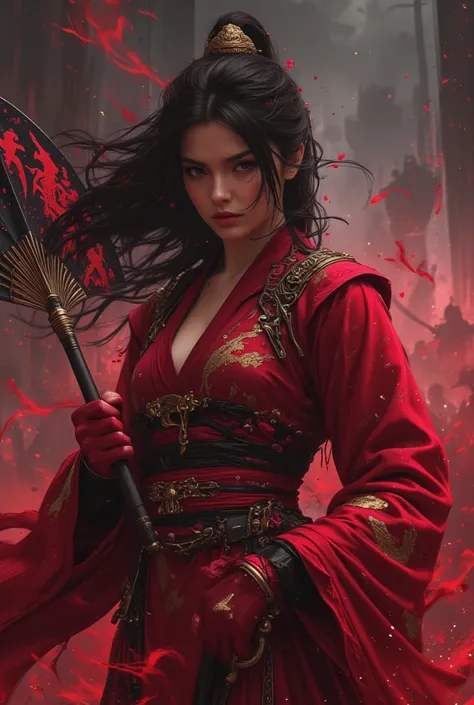 (Masterpiece, best quality, ultra-detailed, cinematic lighting, dramatic shadows)
A lethal and seductive warrior, exuding an aura of imposing dominance, stands amidst a battlefield shrouded in crimson mist. She wears a blood-red wuxia outfit adorned with g...