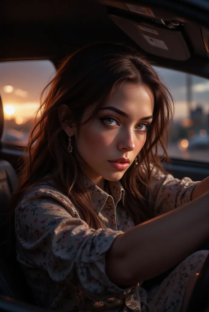  a woman, brown hair, driving a Fast and Furious type car, Cinematic, highlights, sunset, city in the background,  details a woman, brown hair, driving a Fast and Furious type car, retrato, Cinematic, highlights, sunset, city in the background,  details, h...